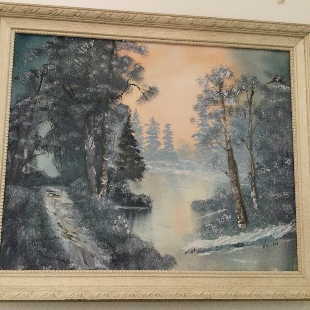 Original oil or acrylic painting canvas framed winter forest & lake snow signed